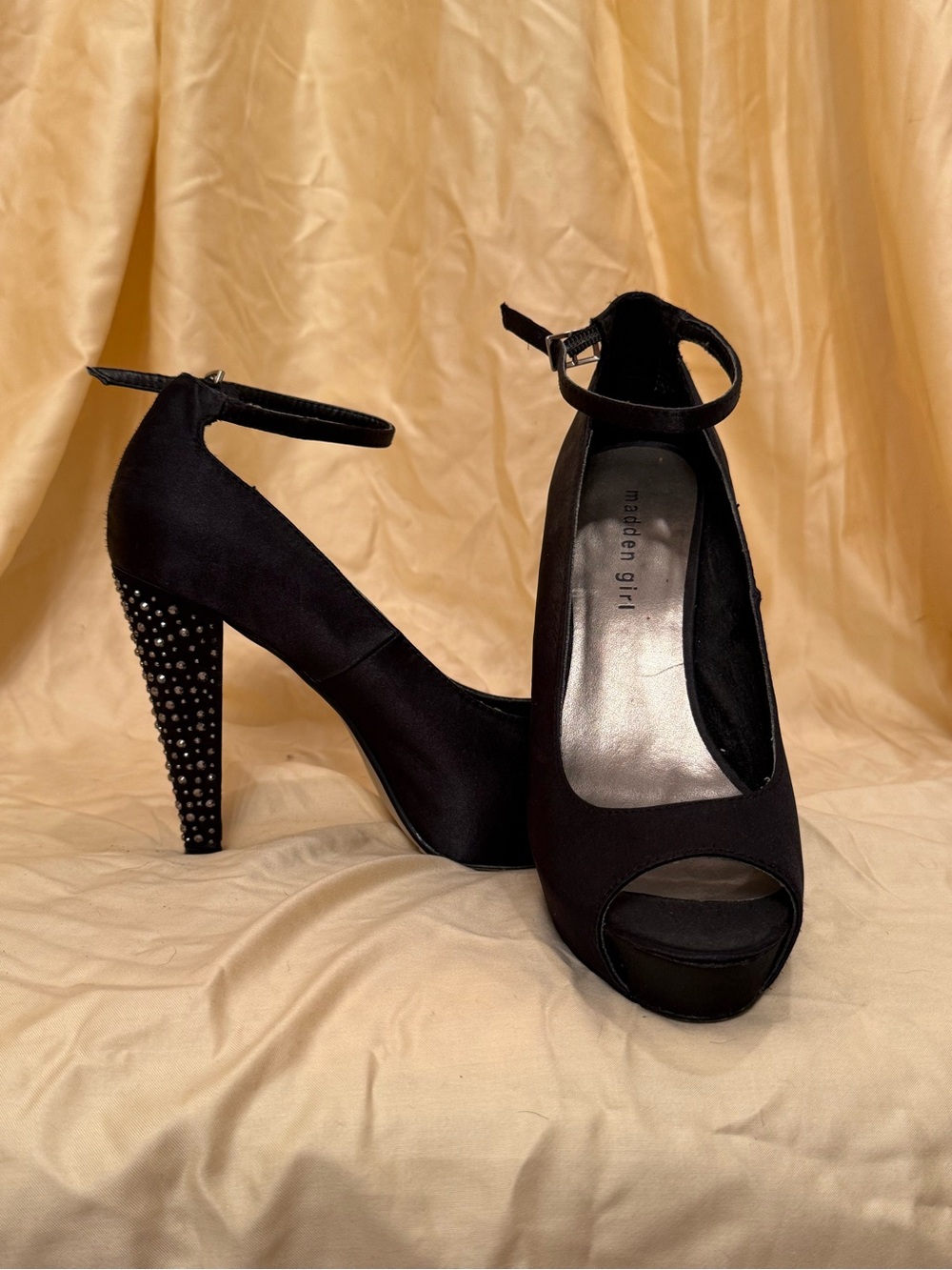 Madden Girl Black Studded Heel Ankle-Strap Peep-Toe Pumps